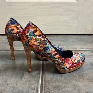 Multi-color floral cork heels